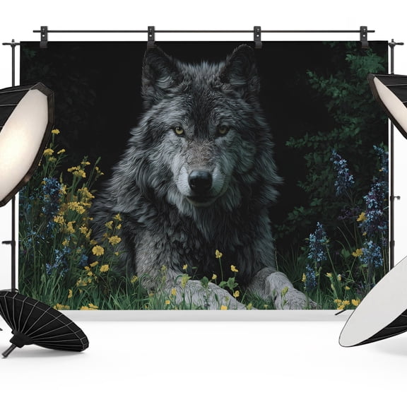 7x5ft Photo Backdrop, Black Gray Wolf Soft Polyester Backdrop Curtains Photography Backdrops, Wildflowers Animal Wilderness Brushed Background for Photoshoots Studio Video Portrait Parties