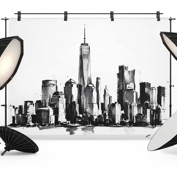 7x5ft Photo Backdrop, Black Grey Landmarks Soft Polyester Backdrop Curtains Photography Backdrops, Modern Minimalist Country Buildings Brushed Background for Photoshoots Studio Video Portrait Parties