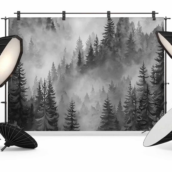 7x5ft Photo Backdrop, Black Grey Mountain Soft Polyester Backdrop Curtains Photography Backdrops, Misty Forest Nature Woodland Pine Tree Landscape Brushed Background for Photoshoots Studio Portrait