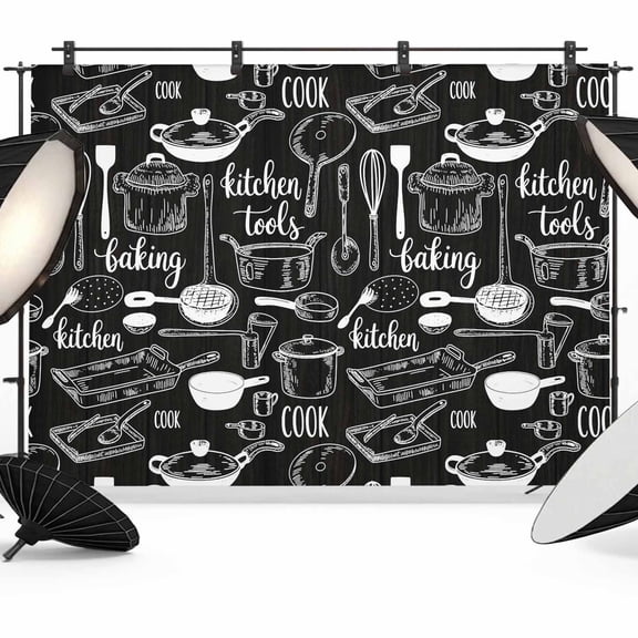 7x5ft Photo Backdrop, Black Kitchenware Soft Polyester Backdrop Curtains Photography Backdrops, Modern Funny Cook Tools Spoons Forks Brushed Background for Photoshoots Studio Video Portrait Parties