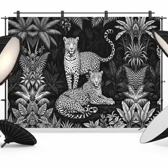 7x5ft Photo Backdrop, Black Leopard Soft Polyester Backdrop Curtains Photography Backdrops, Tropical Plants Leaves Wildlife Animal Jungle Brushed Background for Photoshoots Studio Video Portrait