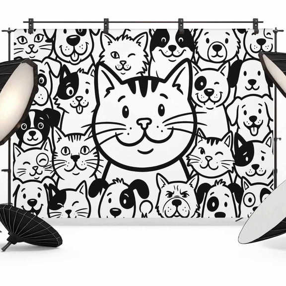 7x5ft Photo Backdrop, Black Line Dog Cat Soft Polyester Backdrop Curtains Photography Backdrops, Cartoon Cute Animals Brushed Background for Photoshoots Studio Video Portrait Parties