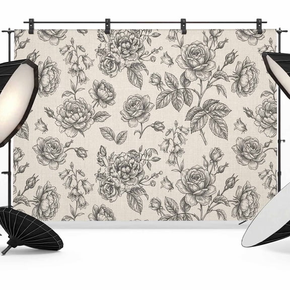 7x5ft Photo Backdrop, Black Rose Soft Polyester Backdrop Curtains Photography Backdrops, Farmhouse Vintage Botanical Floral Burlap Brushed Background for Photoshoots Studio Video Portrait Parties