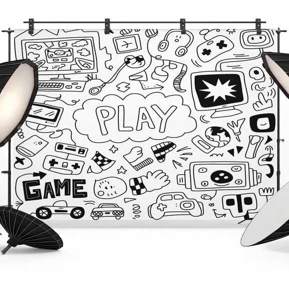 7x5ft Photo Backdrop, Black White Game Soft Polyester Backdrop Curtains Photography Backdrops, Console Computer Gaming Sketch Style Brushed Background for Photoshoots Studio Portrait Parties