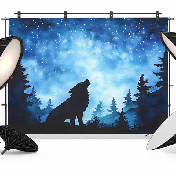7x5ft Photo Backdrop, Black Wolf Silhouette Soft Polyester Backdrop Curtains Photography Backdrops, Abstract Starry Night Forest Brushed Background for Photoshoots Studio Video Portrait Parties