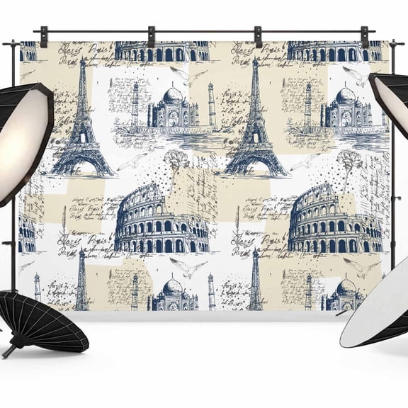 7x5ft Photo Backdrop, Blue Architecture Soft Polyester Backdrop Curtains Photography Backdrops, Eiffel Tower Retro City Classical Beige Brushed Background for Photoshoots Studio Video Portrait Party