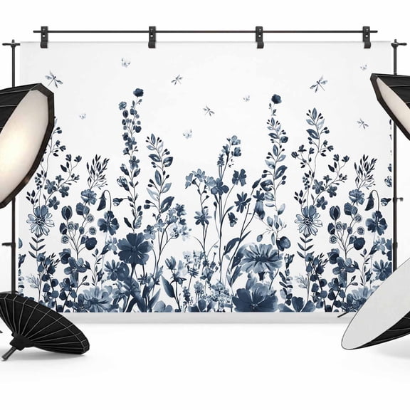 7x5ft Photo Backdrop, Blue Botanical Soft Polyester Backdrop Curtains Photography Backdrops, Dragonfly Flower Leaf Retro Ink Style Brushed Background for Photoshoots Studio Video Portrait Parties