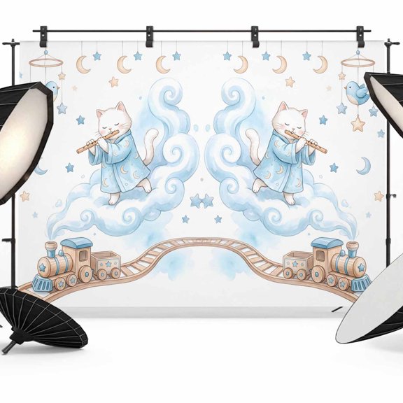 7x5ft Photo Backdrop, Blue Cartoon Cat Soft Polyester Backdrop Curtains Photography Backdrops, Funny Cute Train Cloud Birds Star Moon Brushed Background for Photoshoots Studio Video Portrait Parties