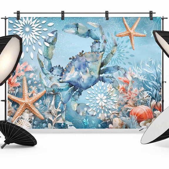 7x5ft Photo Backdrop, Blue Coastal Crab Soft Polyester Backdrop Curtains Photography Backdrops, Summer Beach Starfish Botanical Brushed Background for Photoshoots Studio Video Portrait Parties