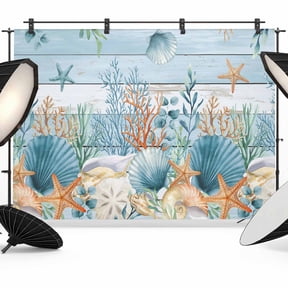 7x5ft Photo Backdrop, Blue Coastal Soft Polyester Backdrop Curtains Photography Backdrops, Summer Beach Starfish Shell Coral Nautical Brushed Background for Photoshoots Studio Video Portrait Parties