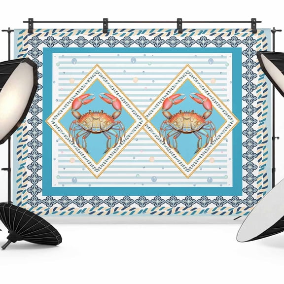 7x5ft Photo Backdrop, Blue Crab Nautical Soft Polyester Backdrop Curtains Photography Backdrops, Ocean Coastal Geometric Brushed Background for Photoshoots Studio Video Portrait Parties