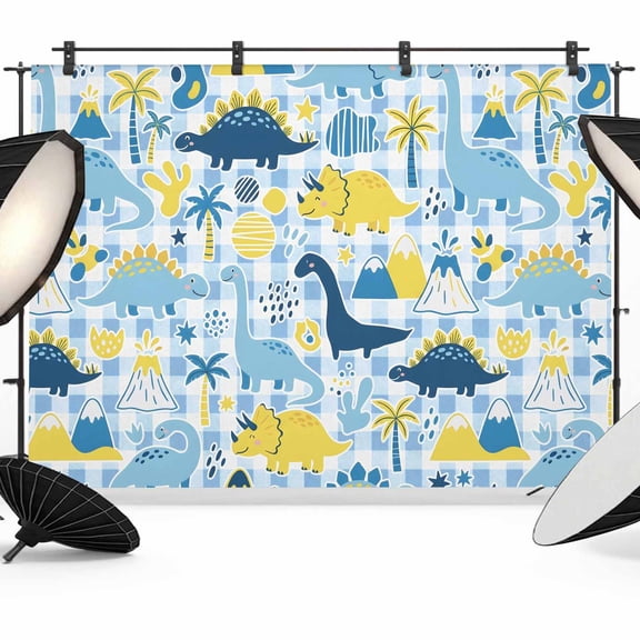 7x5ft Photo Backdrop, Blue Dinosaur Soft Polyester Backdrop Curtains Photography Backdrops, Palm Trees Mountains Checkered Farmhouse Brushed Background for Photoshoots Studio Video Portrait Parties