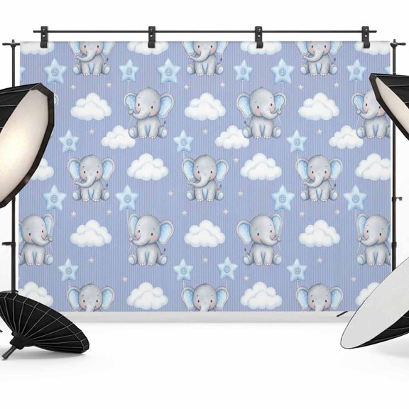 7x5ft Photo Backdrop, Blue Dreamy Elephant Soft Polyester Backdrop Curtains Photography Backdrops, Cartoon Animals Cloud Stars Brushed Background for Photoshoots Studio Video Portrait Parties