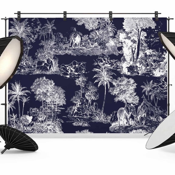 7x5ft Photo Backdrop, Blue Elephant Soft Polyester Backdrop Curtains Photography Backdrops, Farmhouse Retro Tropical Forest Trees Animals Brushed Background for Photoshoots Studio Video Portrait