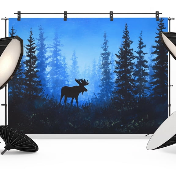 7x5ft Photo Backdrop, Blue Elk Forest Soft Polyester Backdrop Curtains Photography Backdrops, Black Pine Tree Blue Cabin Brushed Background for Photoshoots Studio Video Portrait Parties
