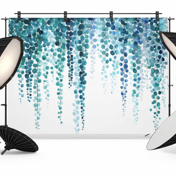 7x5ft Photo Backdrop, Blue Eucalyptus Leaves Soft Polyester Backdrop Curtains Photography Backdrops, Weeping Summer Botanical Watercolor Brushed Background for Photoshoots Studio Video Portrait Party