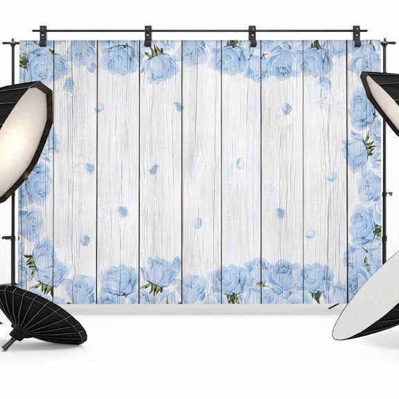 7x5ft Photo Backdrop, Blue Floral Pastoral Soft Polyester Backdrop Curtains Photography Backdrops, Rustic Petals Farmhouse Wooden Plank Brushed Background for Photoshoots Studio Video Portrait Party