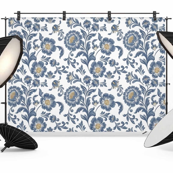 7x5ft Photo Backdrop, Blue Flowers Soft Polyester Backdrop Curtains Photography Backdrops, Farmhouse Botanical Floral Patterned Brushed Background for Photoshoots Studio Video Portrait Parties