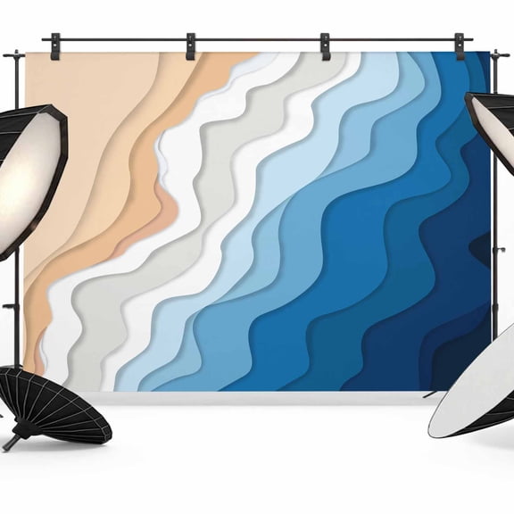 7x5ft Photo Backdrop, Blue Geometric Beach Soft Polyester Backdrop Curtains Photography Backdrops, Ombre Waves Moire Abstract Art Brushed Background for Photoshoots Studio Video Portrait Parties