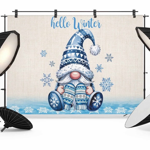 7x5ft Photo Backdrop, Blue Gnomes Christmas Soft Polyester Backdrop Curtains Photography Backdrops, Xmas Snowflake Hello Winter Brushed Background for Photoshoots Studio Video Portrait Parties