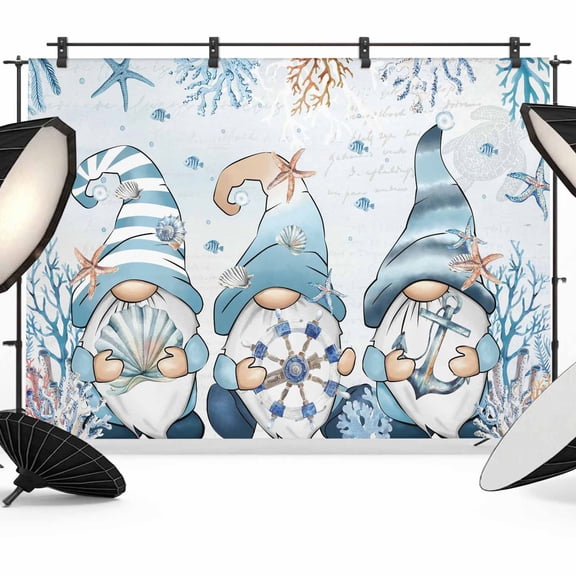 7x5ft Photo Backdrop, Blue Gnomes Coastal Soft Polyester Backdrop Curtains Photography Backdrops, Nautical Coral Starfish Ocean Summer Brushed Background for Photoshoots Studio Video Portrait Parties