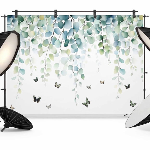 7x5ft Photo Backdrop, Blue Green Eucalyptus Soft Polyester Backdrop Curtains Photography Backdrops, Sage Gradient Leaves Butterfly Brushed Background for Photoshoots Studio Video Portrait Parties