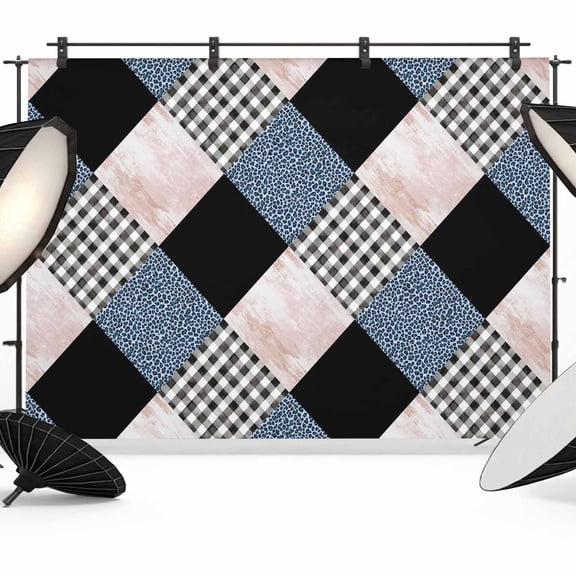 7x5ft Photo Backdrop, Blue Leopard Black Plaid Soft Polyester Backdrop Curtains Photography Backdrops, Geometric Diamond Patchwork Brushed Background for Photoshoots Studio Video Portrait Parties