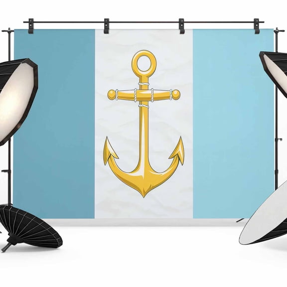 7x5ft Photo Backdrop, Blue Nautical Soft Polyester Backdrop Curtains Photography Backdrops, Gold Boat Anchor Geometric Stripe Ombre Brushed Background for Photoshoots Studio Video Portrait Parties