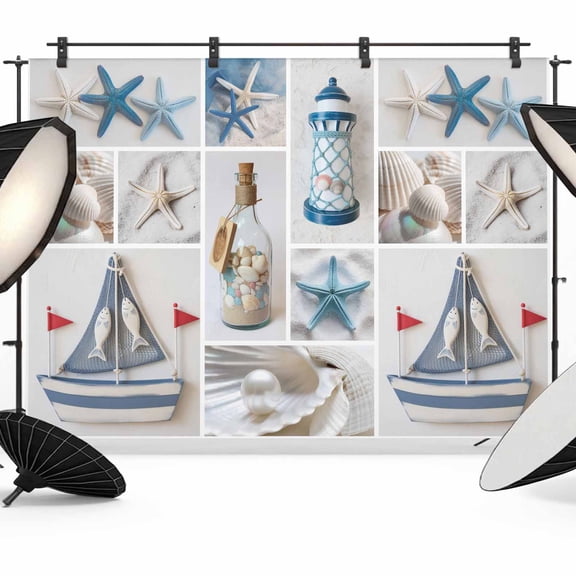 7x5ft Photo Backdrop, Blue Oceans Beach Soft Polyester Backdrop Curtains Photography Backdrops, Nautical Coastal Starfish Seashell Brushed Background for Photoshoots Studio Video Portrait Parties