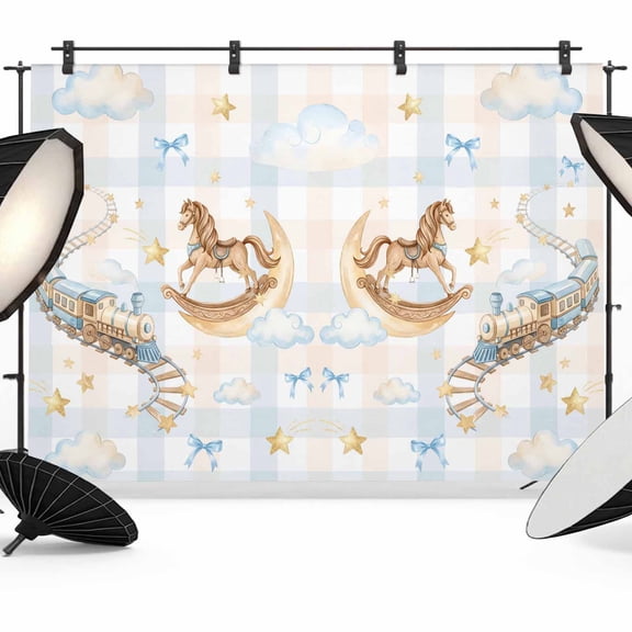 7x5ft Photo Backdrop, Blue Pink Soft Polyester Backdrop Curtains Photography Backdrops, Cute Hobbyhorse Train Cloud Plaid Brushed Background for Photoshoots Studio Video Portrait Parties