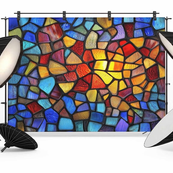 7x5ft Photo Backdrop, Blue Red Yellow Soft Polyester Backdrop Curtains Photography Backdrops, Modern Colored Rainbow Stained Glass Brushed Background for Photoshoots Studio Video Portrait Parties