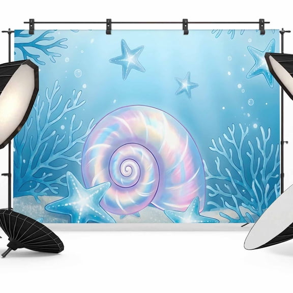 7x5ft Photo Backdrop, Blue Shell Coastal Soft Polyester Backdrop Curtains Photography Backdrops, Nautical Ocean Starfish Coral Sea Brushed Background for Photoshoots Studio Video Portrait Parties