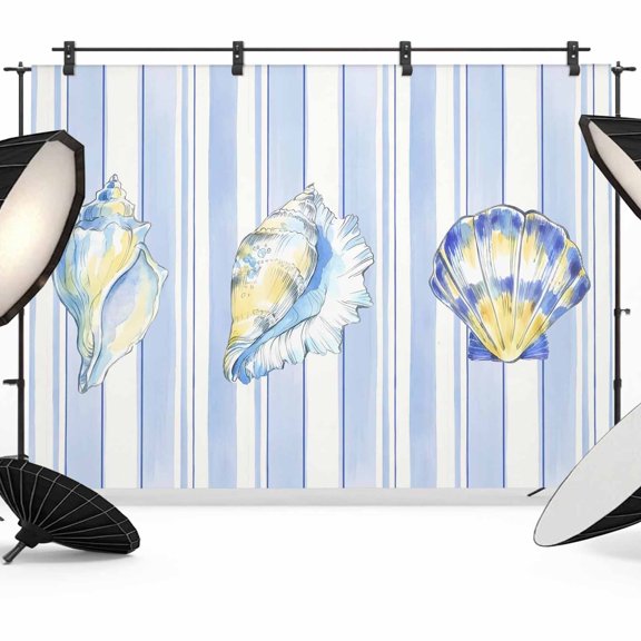7x5ft Photo Backdrop, Blue Shell Coastal Soft Polyester Backdrop Curtains Photography Backdrops, Summer Beach Conch Ocean Striped Brushed Background for Photoshoots Studio Video Portrait Parties