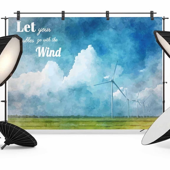 7x5ft Photo Backdrop, Blue Sky Soft Polyester Backdrop Curtains Photography Backdrops, Summer Wind Turbine Grassland Country Oil Painting Brushed Background for Photoshoots Studio Video Portrait