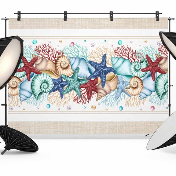 7x5ft Photo Backdrop, Blue Starfish Beach Soft Polyester Backdrop Curtains Photography Backdrops, Summer Coral Conch Coastal Retro Beige Brushed Background for Photoshoots Studio Portrait Parties