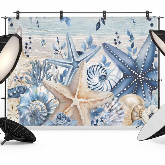 7x5ft Photo Backdrop, Blue Starfish Coastal Soft Polyester Backdrop Curtains Photography Backdrops, Eucalyptus Summer Nautical Shell Vintage Brushed Background for Photoshoots Studio Portrait Parties