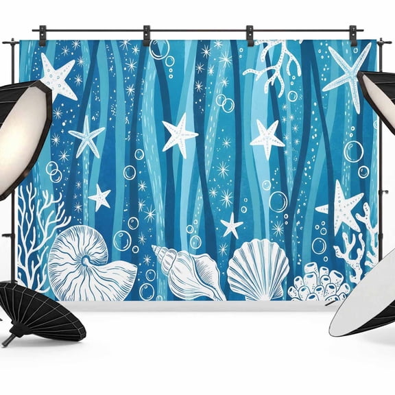 7x5ft Photo Backdrop, Blue Starfish Coastal Soft Polyester Backdrop Curtains Photography Backdrops, Nautical Shell Conch Ocean Sea Brushed Background for Photoshoots Studio Video Portrait Parties