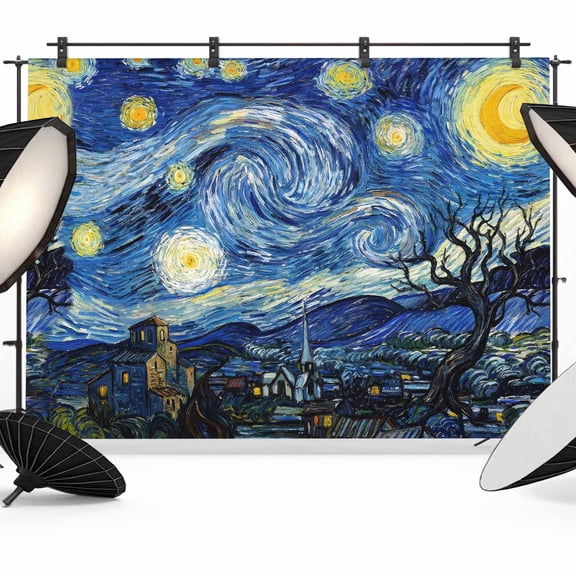 7x5ft Photo Backdrop, Blue Starry Night Soft Polyester Backdrop Curtains Photography Backdrops, Abstract Star Sky House Tree Oil Painting Brushed Background for Photoshoots Studio Video Portrait