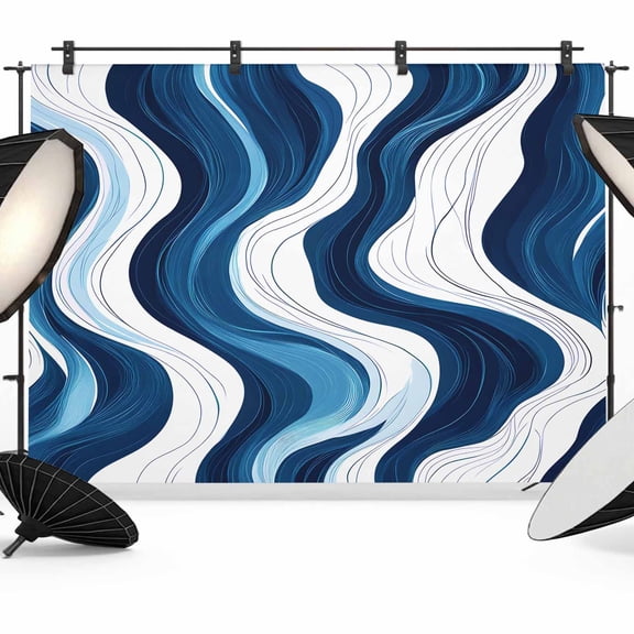 7x5ft Photo Backdrop, Blue Stripe Soft Polyester Backdrop Curtains Photography Backdrops, Geometric White Coastal Wave Modern Ocean Brushed Background for Photoshoots Studio Video Portrait Parties