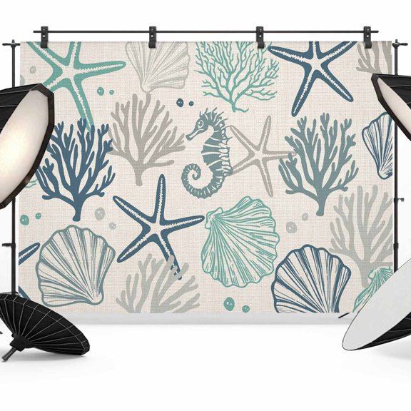 7x5ft Photo Backdrop, Blue Teal Coastal Soft Polyester Backdrop Curtains Photography Backdrops, Summer Beach Starfish Coral Nautical Rustic Brushed Background for Photoshoots Studio Portrait Parties