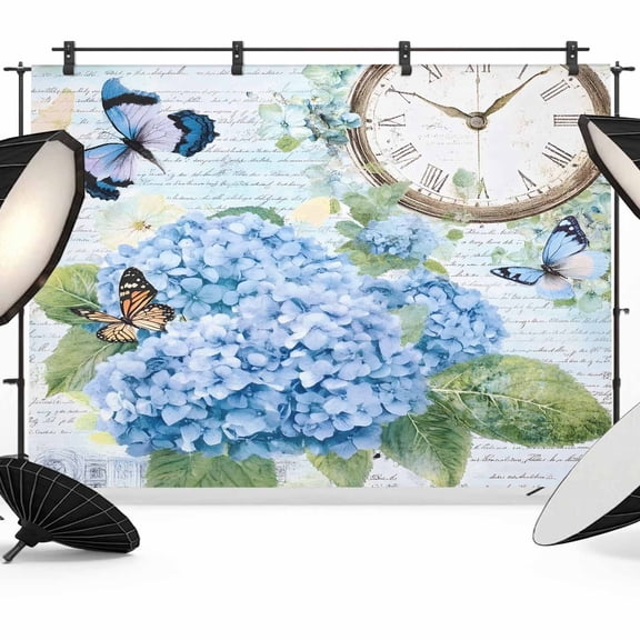 7x5ft Photo Backdrop, Blue Vintage Hydrangea Soft Polyester Backdrop Curtains Photography Backdrops, Spring Rustic Clock Butterfly Brushed Background for Photoshoots Studio Video Portrait Parties