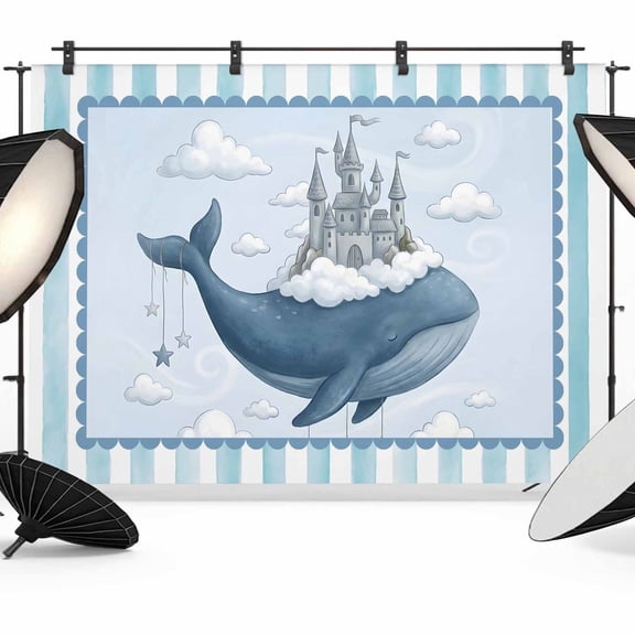 7x5ft Photo Backdrop, Blue Whale Castle Soft Polyester Backdrop Curtains Photography Backdrops, Clouds Sky Blue Striped Brushed Background for Photoshoots Studio Video Portrait Parties