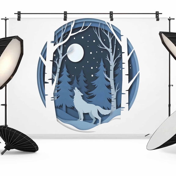 7x5ft Photo Backdrop, Blue Wolf Soft Polyester Backdrop Curtains Photography Backdrops, Christmas Tree Forest Scissors Moon Night Brushed Background for Photoshoots Studio Video Portrait Parties