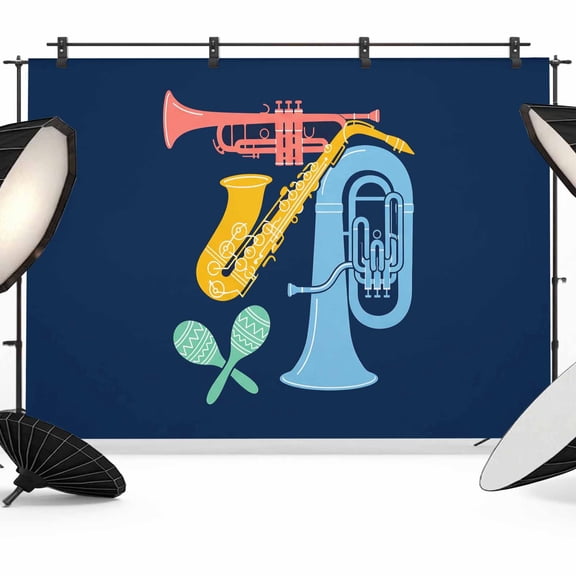 7x5ft Photo Backdrop, Blue Yellow Green Saxophones Soft Polyester Backdrop Curtains Photography Backdrops, Colorful Instrumentation Style Brushed Background for Photoshoots Studio Video Portrait