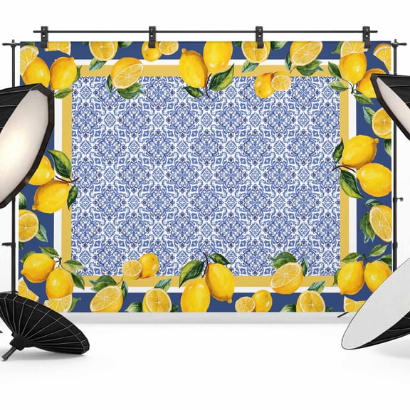 7x5ft Photo Backdrop, Blue Yellow Lemon Soft Polyester Backdrop Curtains Photography Backdrops, Summer Country Fruits Italian Style Brushed Background for Photoshoots Studio Video Portrait Parties