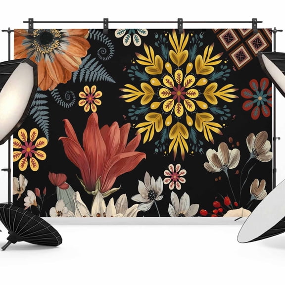7x5ft Photo Backdrop, Bohemia Soft Polyester Backdrop Curtains Photography Backdrops, Vintage Boho Floral Flowers Leaves Plants Black Brushed Background for Photoshoots Studio Video Portrait Parties