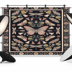 7x5ft Photo Backdrop, Boho Black Flower Soft Polyester Backdrop Curtains Photography Backdrops, Vintage Bohemia Butterflies Floral Plant Brushed Background for Photoshoots Studio Video Portrait Party