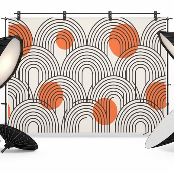 7x5ft Photo Backdrop, Boho Geometric Soft Polyester Backdrop Curtains Photography Backdrops, Modern Abstract Orange Sun Lines Beige Brushed Background for Photoshoots Studio Video Portrait Parties