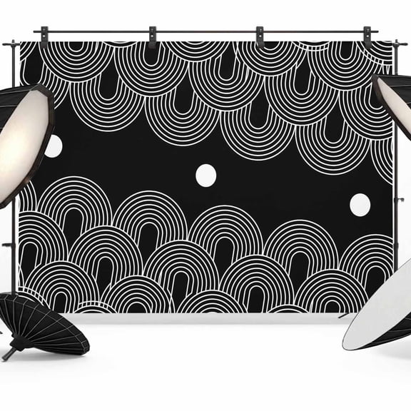 7x5ft Photo Backdrop, Boho Geometric Soft Polyester Backdrop Curtains Photography Backdrops, Modern Abstract Sun Lines Black Brushed Background for Photoshoots Studio Video Portrait Parties