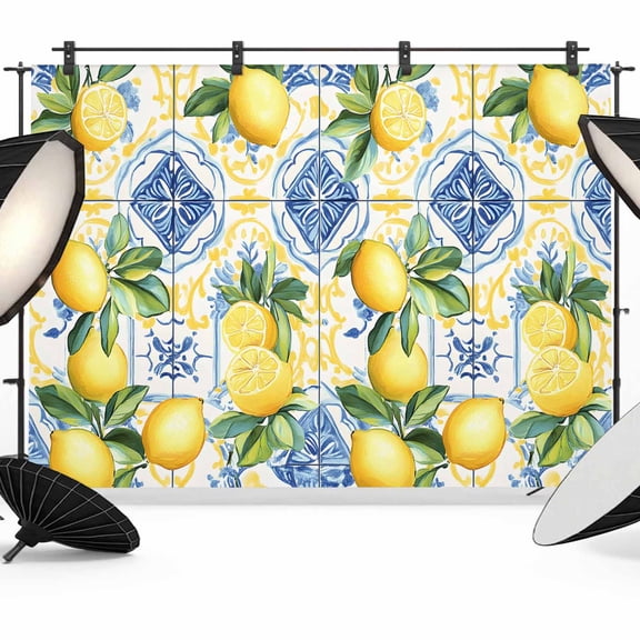 7x5ft Photo Backdrop, Botanical Lemon Soft Polyester Backdrop Curtains Photography Backdrops, Spring Countryside Floral Blue Tile Brushed Background for Photoshoots Studio Video Portrait Parties